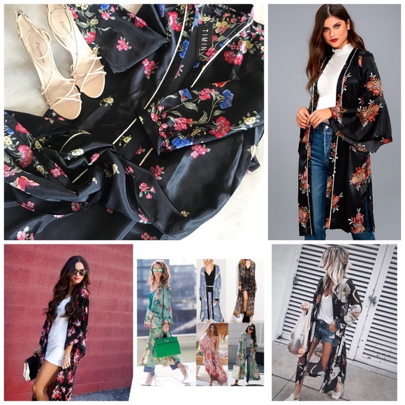 ✨New! Black Floral Print Bubble Sleeve Kimono⭐️5⭐️ - Picture 2 of 6